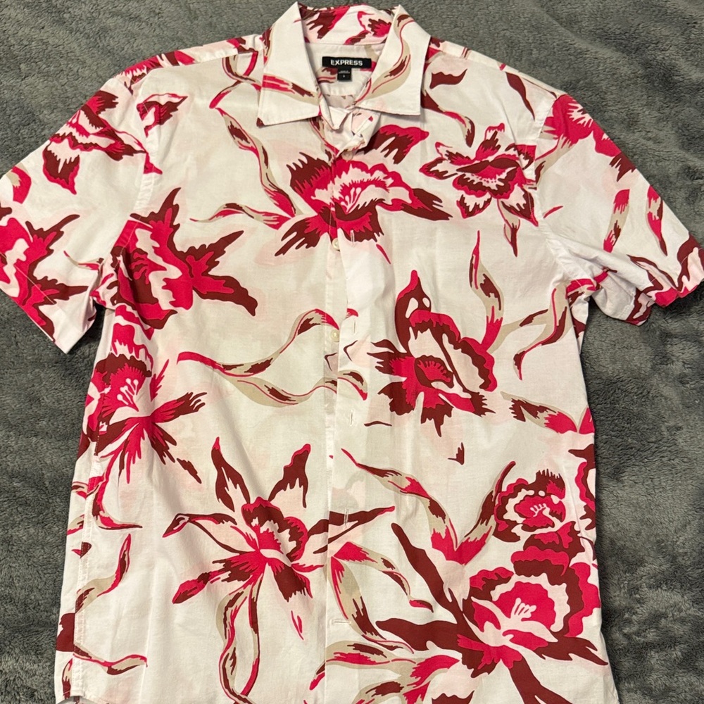 Express Men's Casual Floral Shirt - Pink and White